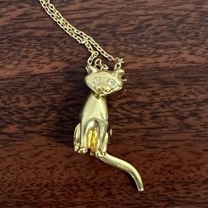 Vintage SP Gold tone Articulated cat necklace with crystal eyes 24” & 1” Pendant